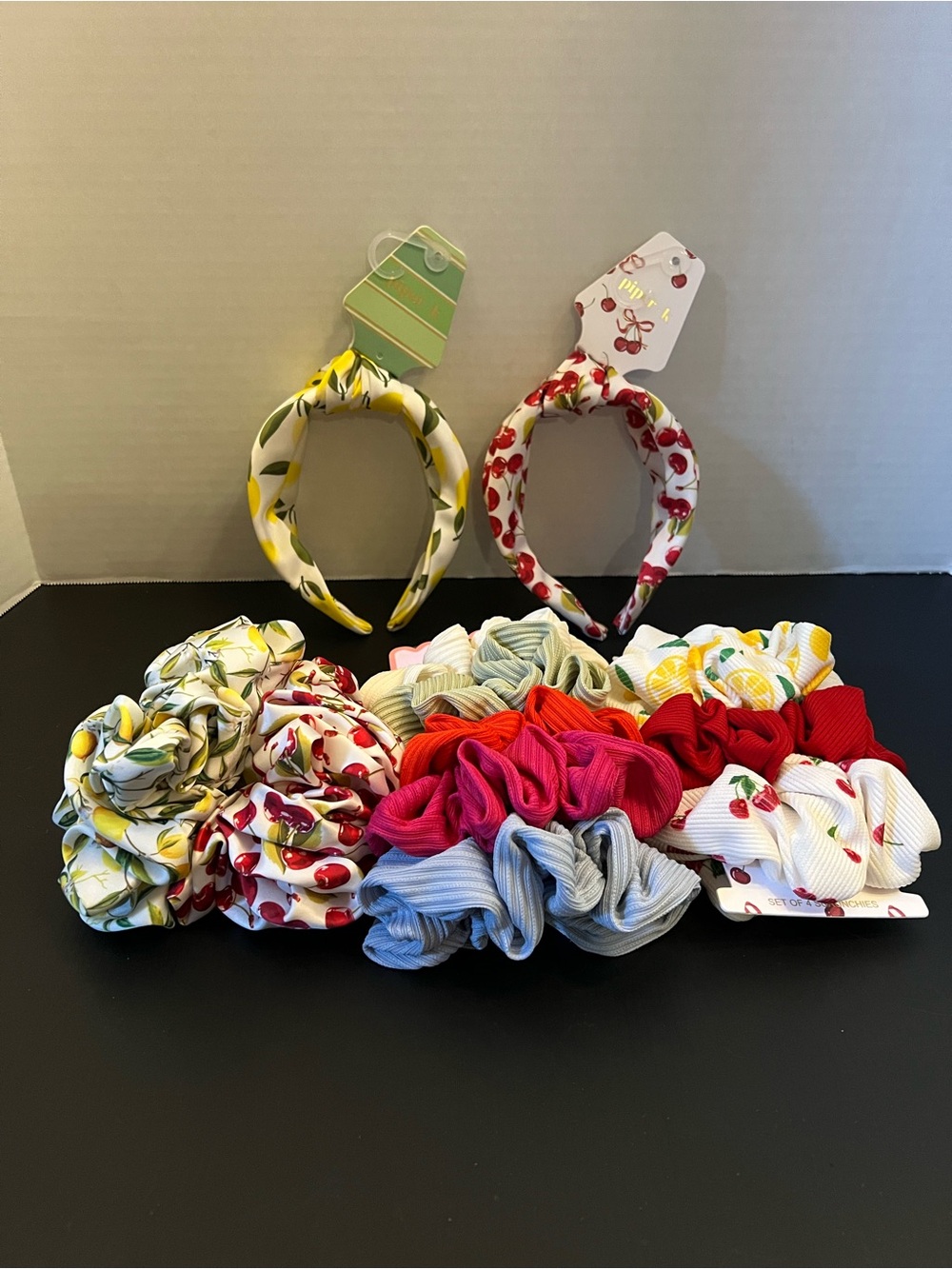 Cherry & Lemon Pattern Headband and Scrunchie Set - White, Red, Yellow